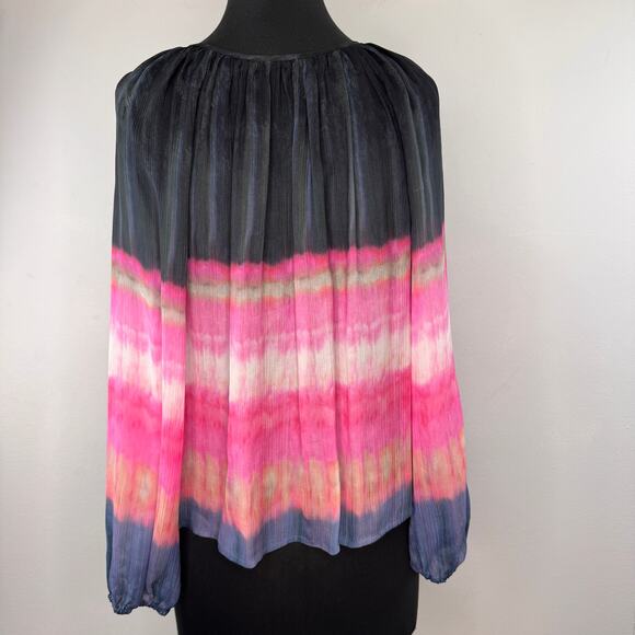 MARIE OLIVER Black Gray Pink Ombre Blouse Silk Tie Dye Split Neck Tassel Small S - Picture 5 of 7